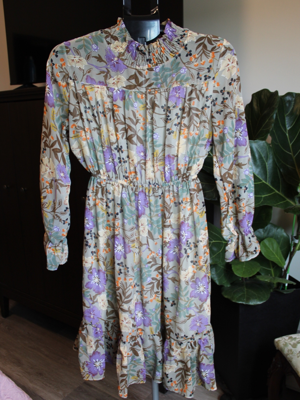 Floral Tiered Long Sleeve Smocked Waist Dress - Purple & Sage Floral